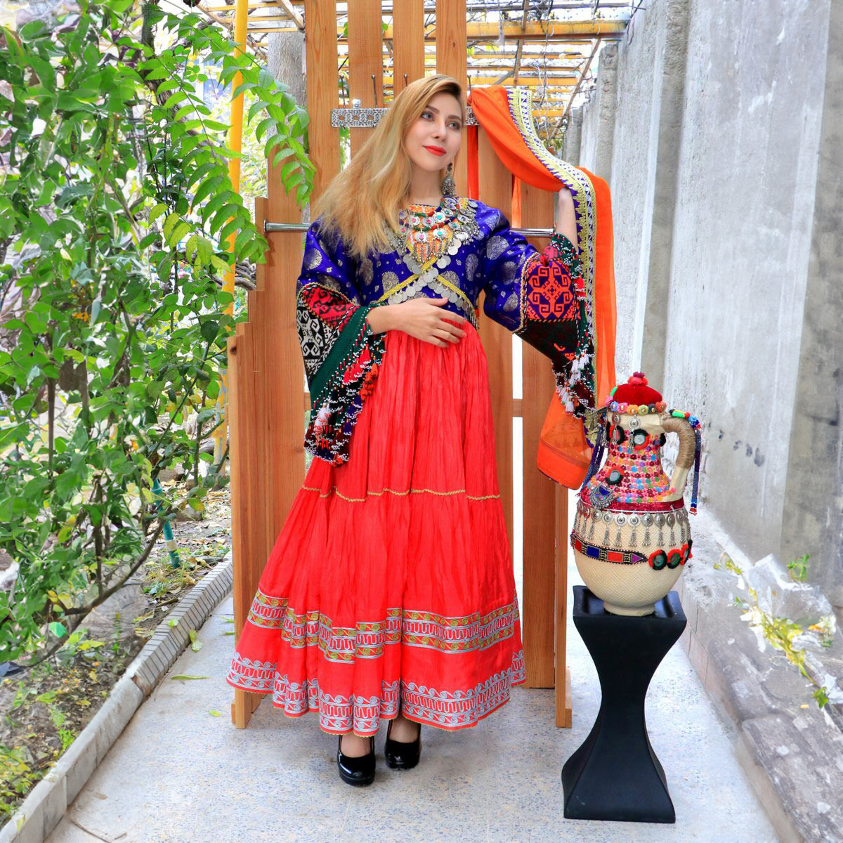 Red Coin Embroidered Fancy Wedding Dress | Flared Sleeve Afghan Maxi