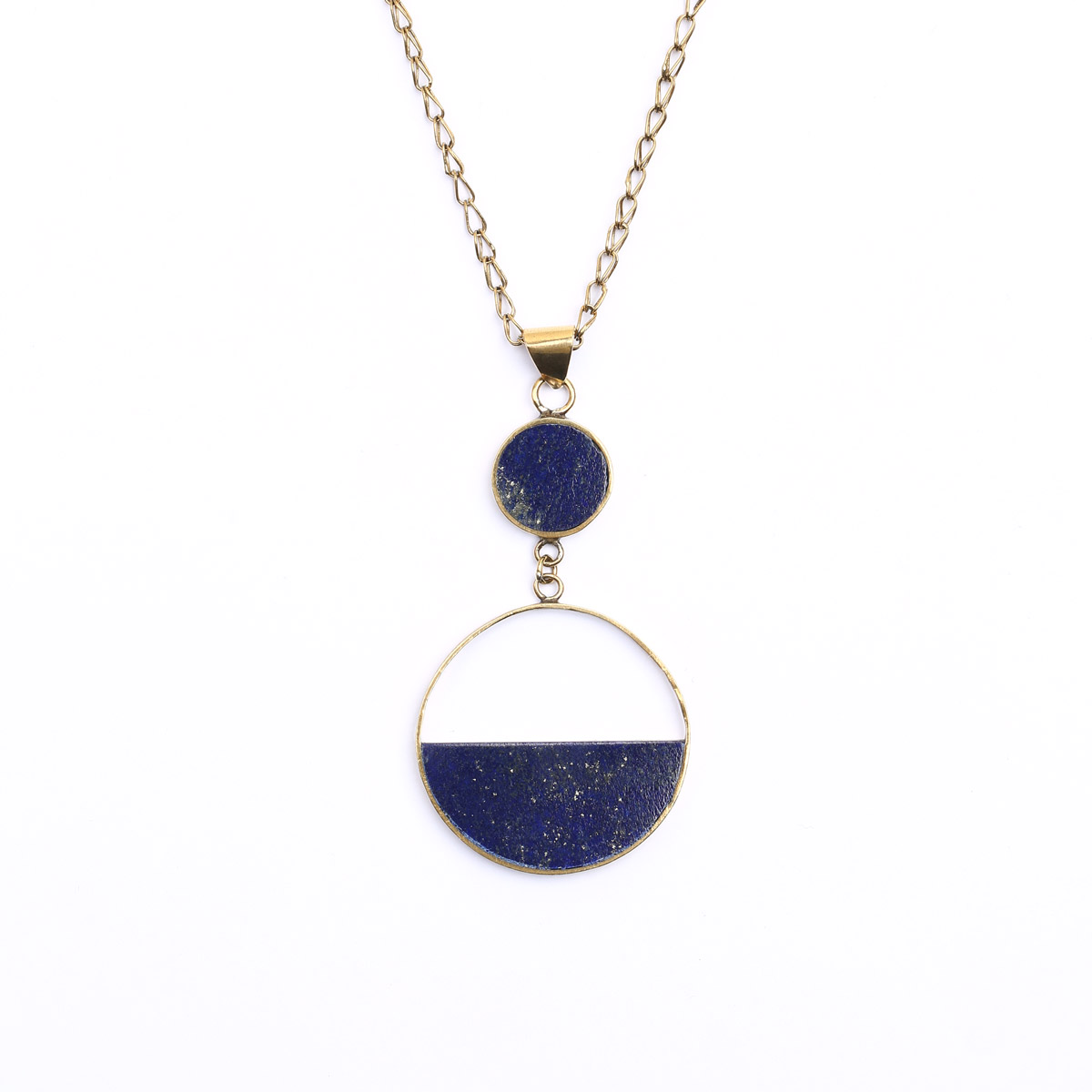 Lapis Lazuli Bronze Pendant | Drop Half-Moon Chain Locket