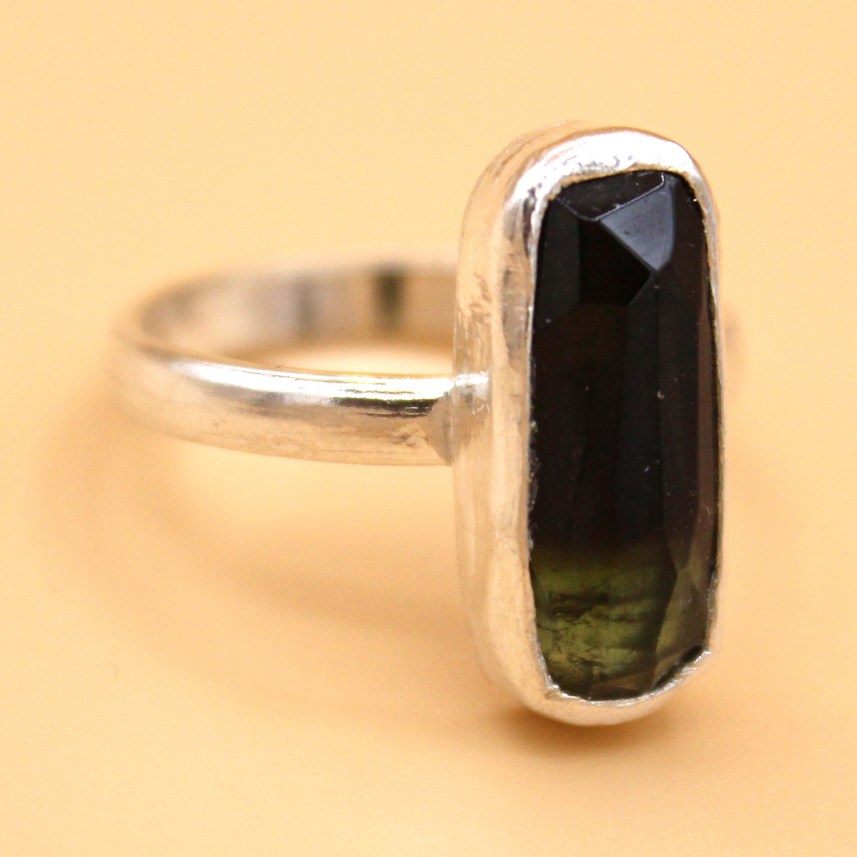 Black Tourmaline Stone Ring | Rectangle Cut Silver Ring