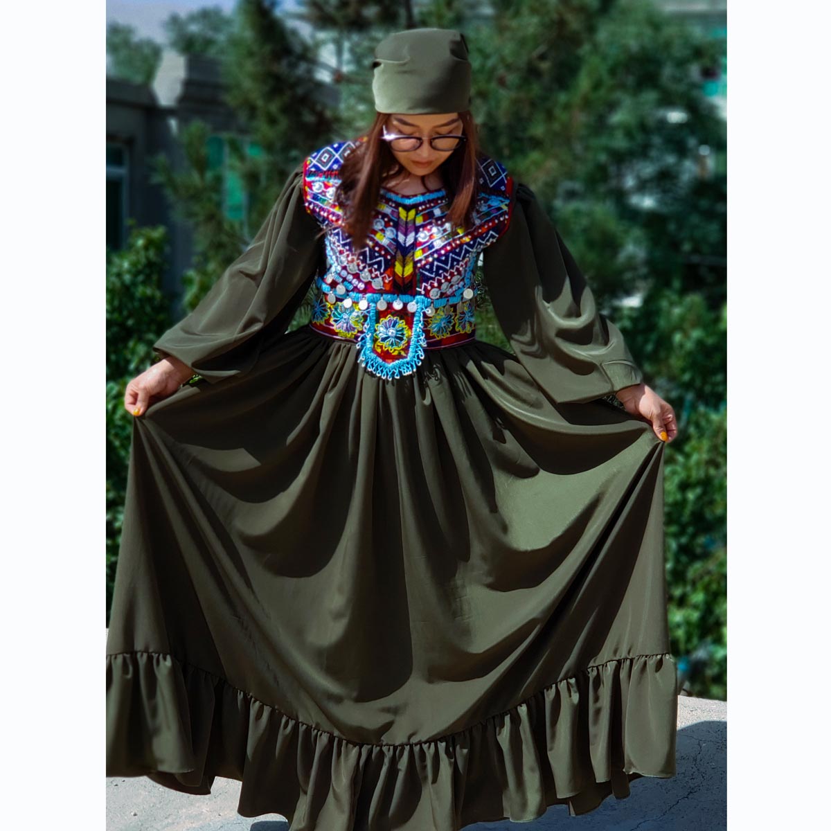 Dark Green Embroidered Drop Waist Long Maxi | Cotton Cuff Sleeves Party Wear Long Dress