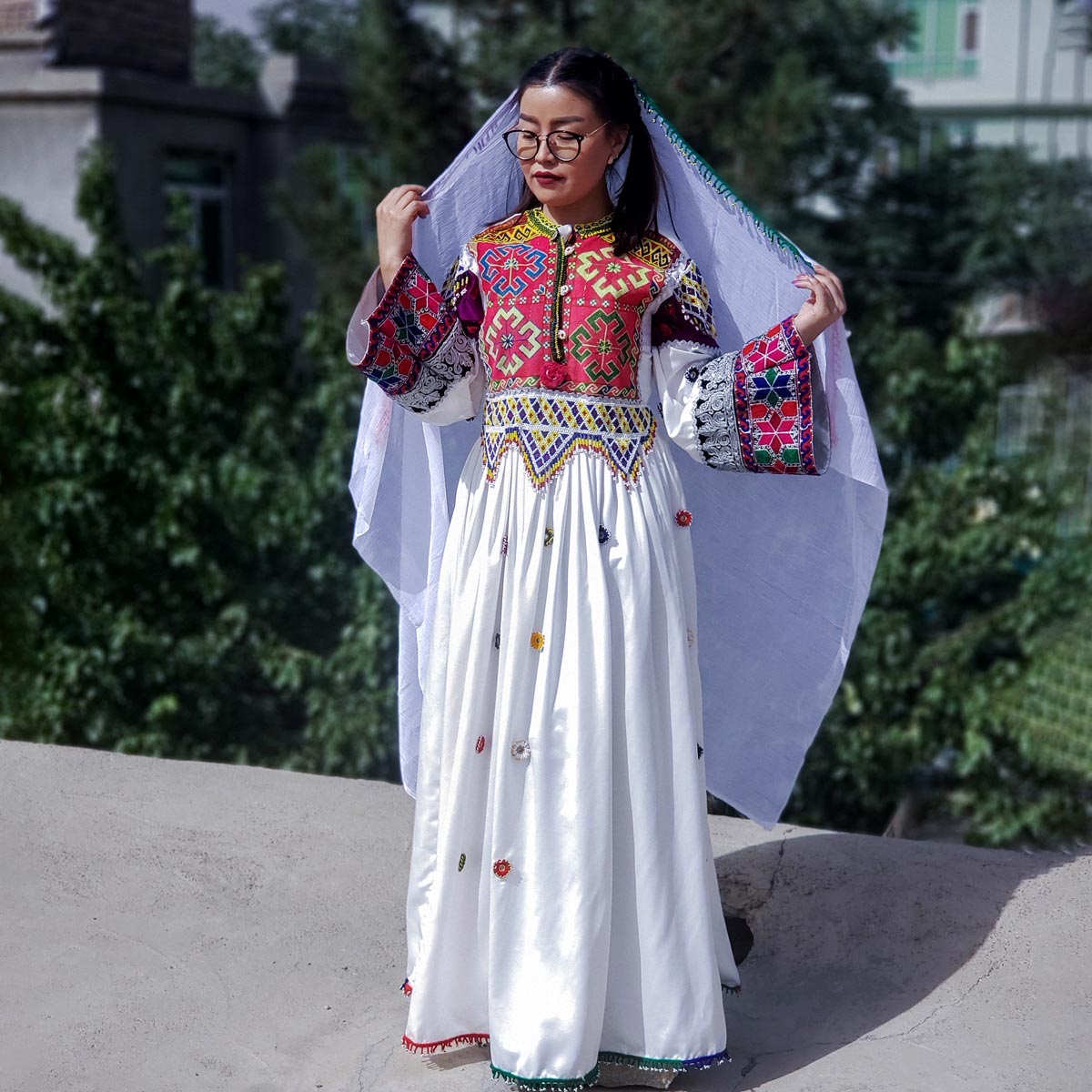 White Hazaragi Cross-Stitch Embroidered Long Dress | Silk Balloon Sleeves Party Wear Long Frock 