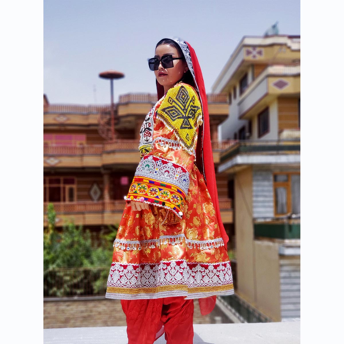Orange Full Embroidered Bridal Wear Gande Afghani | Georgette Floral Stitched Hena Dress