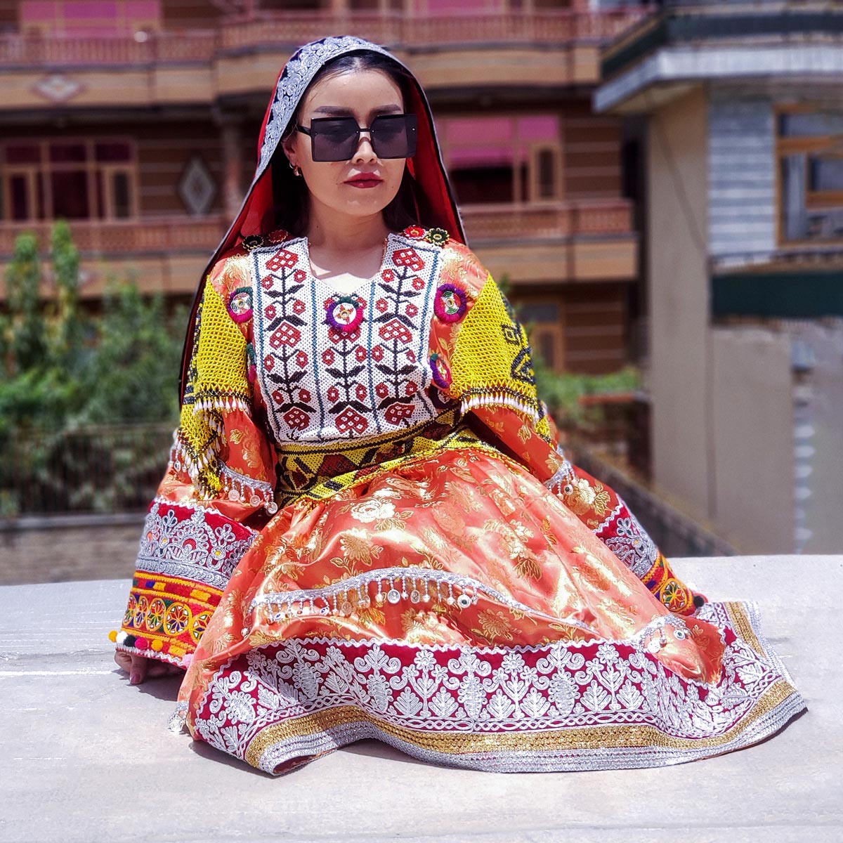 Orange Full Embroidered Bridal Wear Gande Afghani | Georgette Floral Stitched Hena Dress