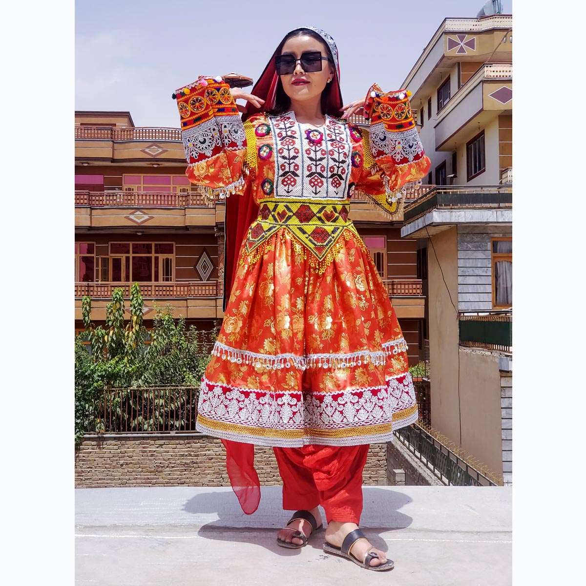 Orange Full Embroidered Bridal Wear Gande Afghani | Georgette Floral Stitched Hena Dress