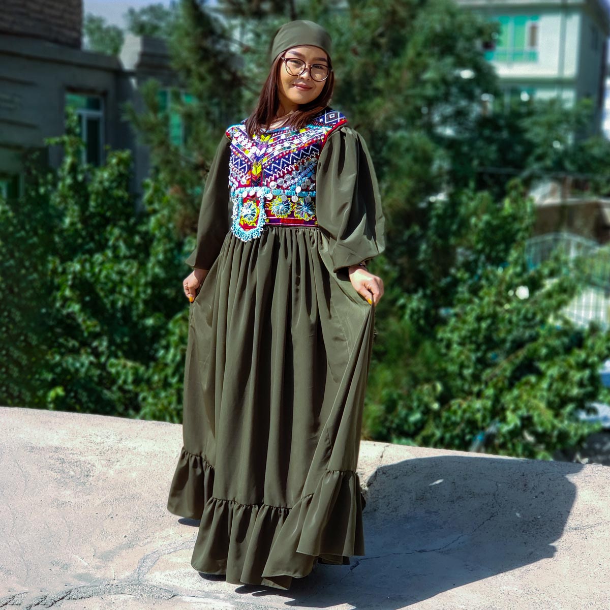 Dark Green Embroidered Drop Waist Long Maxi | Cotton Cuff Sleeves Party Wear Long Dress - Dark Green Embroidered Drop Waist Long Maxi | Cotton Cuff Sleeves Party Wear Long Dress -