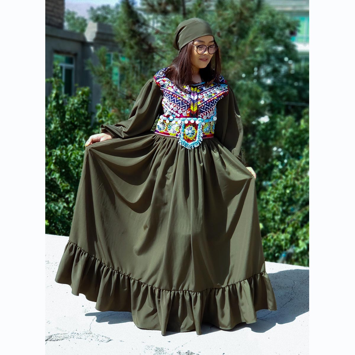 Dark Green Embroidered Drop Waist Long Maxi | Cotton Cuff Sleeves Party Wear Long Dress
