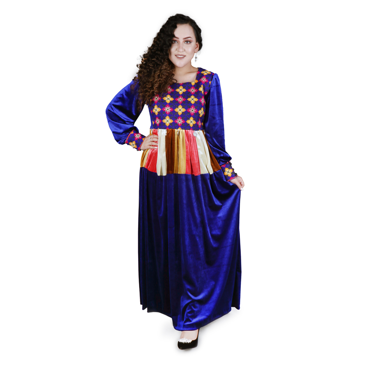 Velvet Pleated Maxi| Front and Sleeves Embroidered Dress