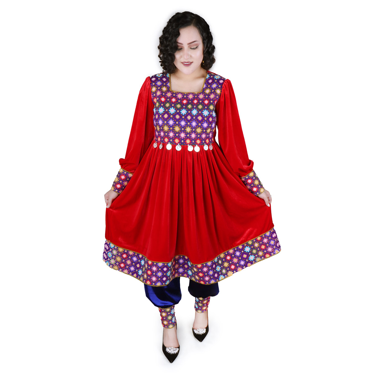 Hand-Embroidered Party Wear | Red Hazaragi Design Dress and Trousers 