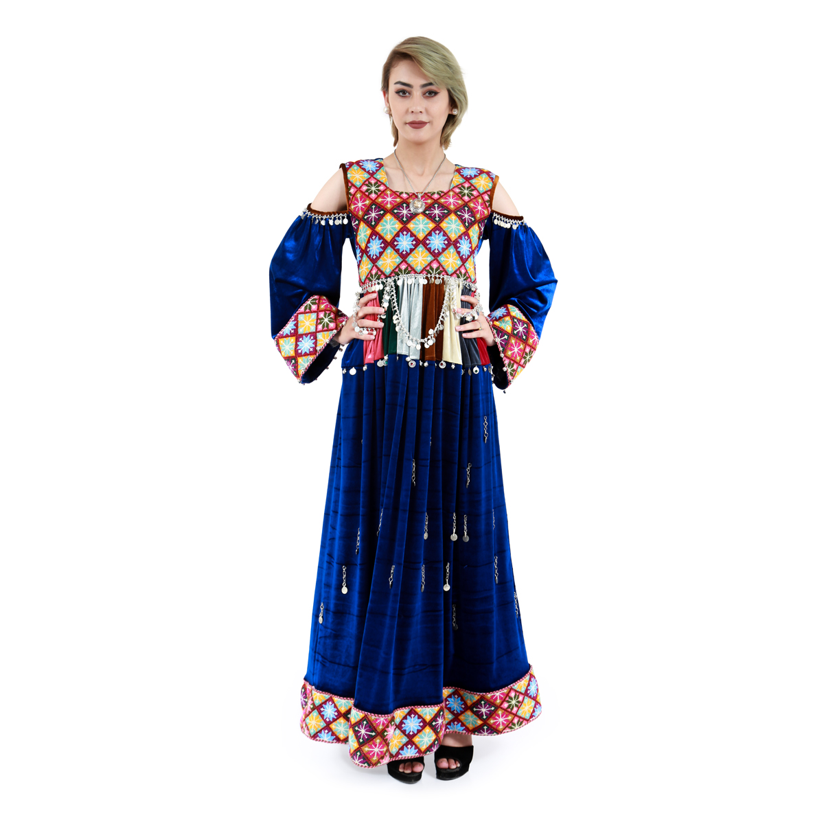 Open Wide Sleeves Blue Velvet Maxi Dress| Beautiful Embroidered Pleated Afghan Party Wear