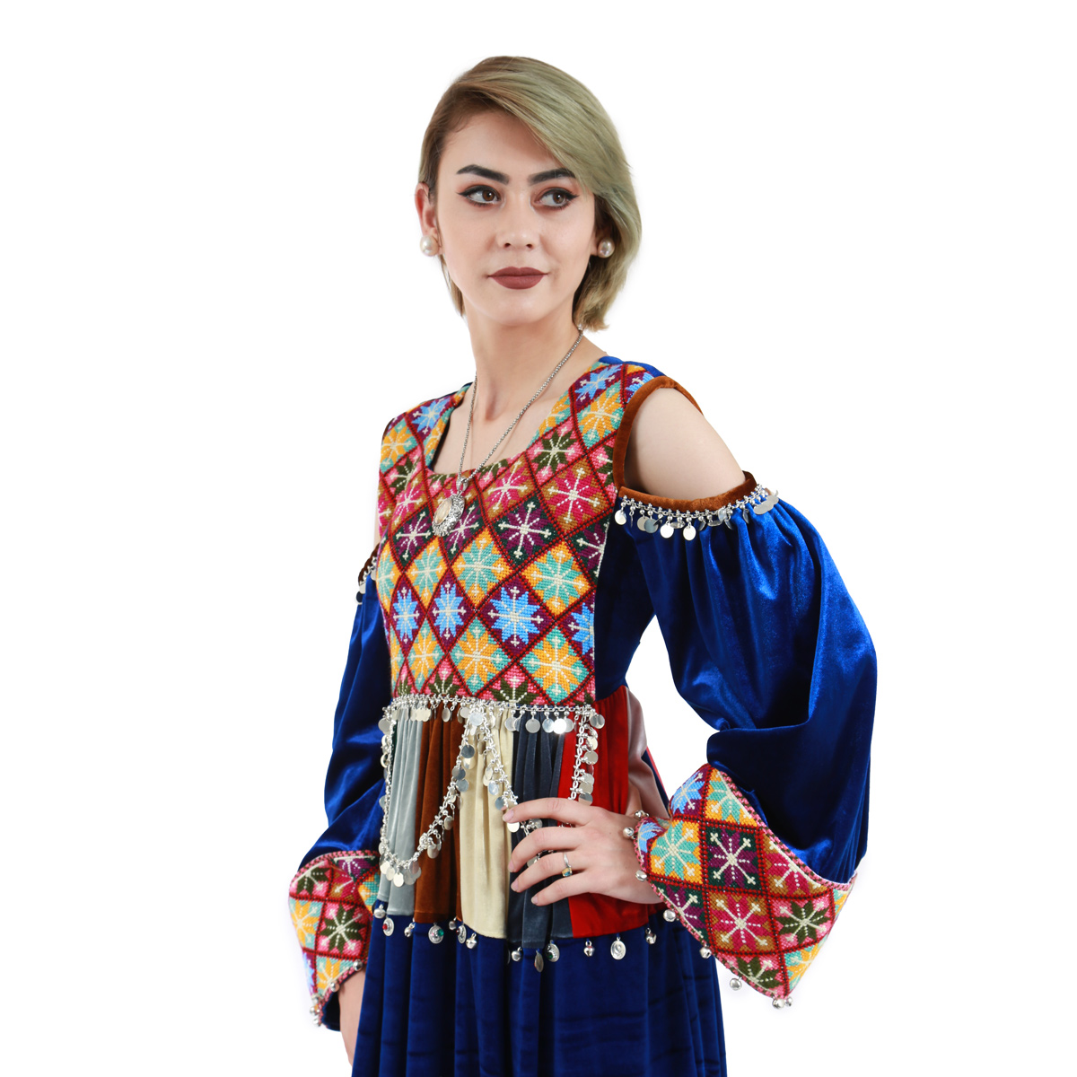 Open Wide Sleeves Blue Velvet Maxi Dress| Beautiful Embroidered Pleated Afghan Party Wear