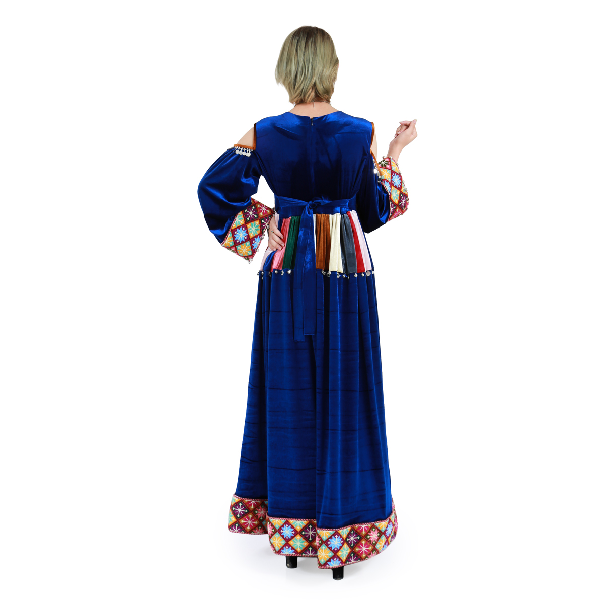 Open Wide Sleeves Blue Velvet Maxi Dress| Beautiful Embroidered Pleated Afghan Party Wear