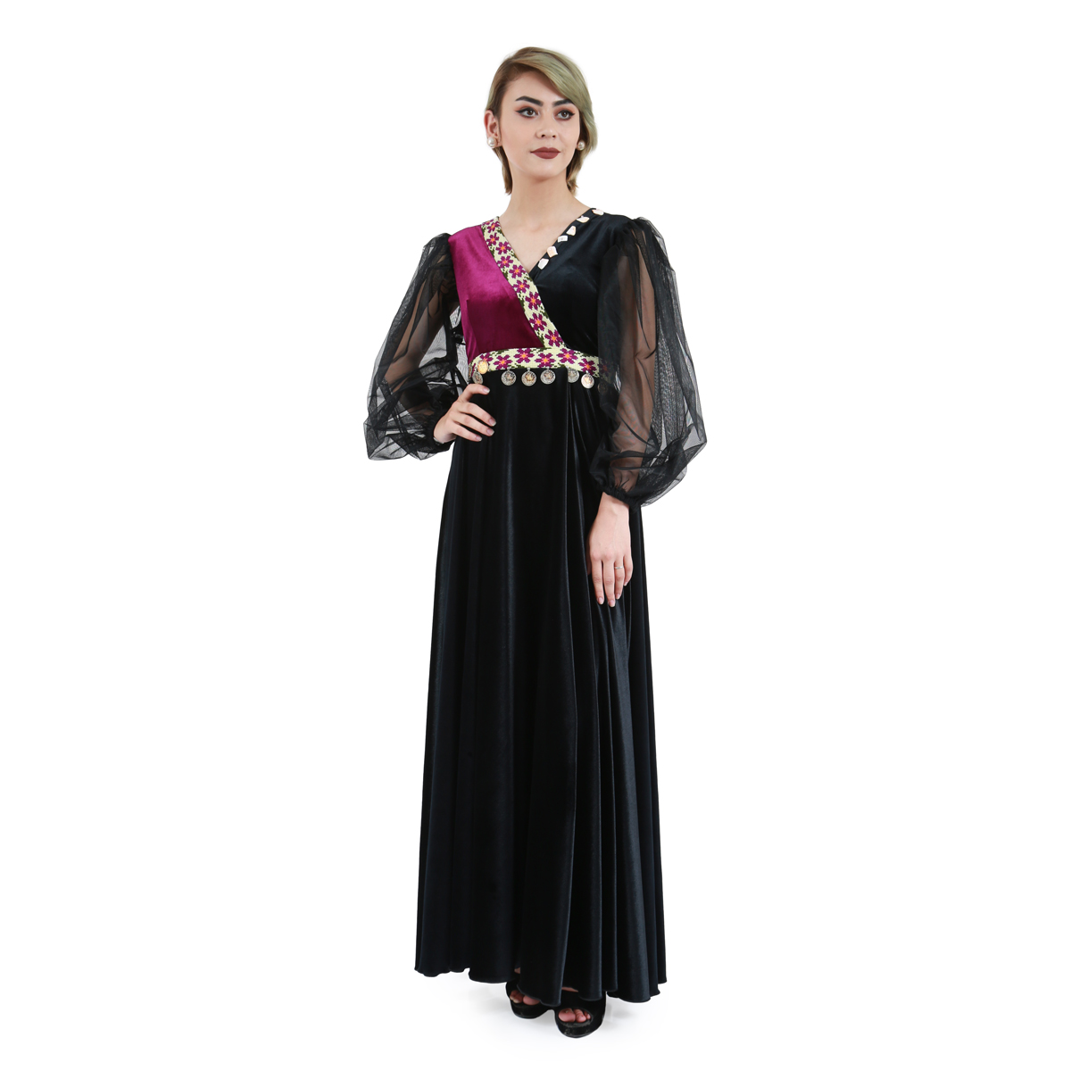Puffed Jali Sleeves Maxi Dress| Black Velvet Front & Waist Embroidered Dress