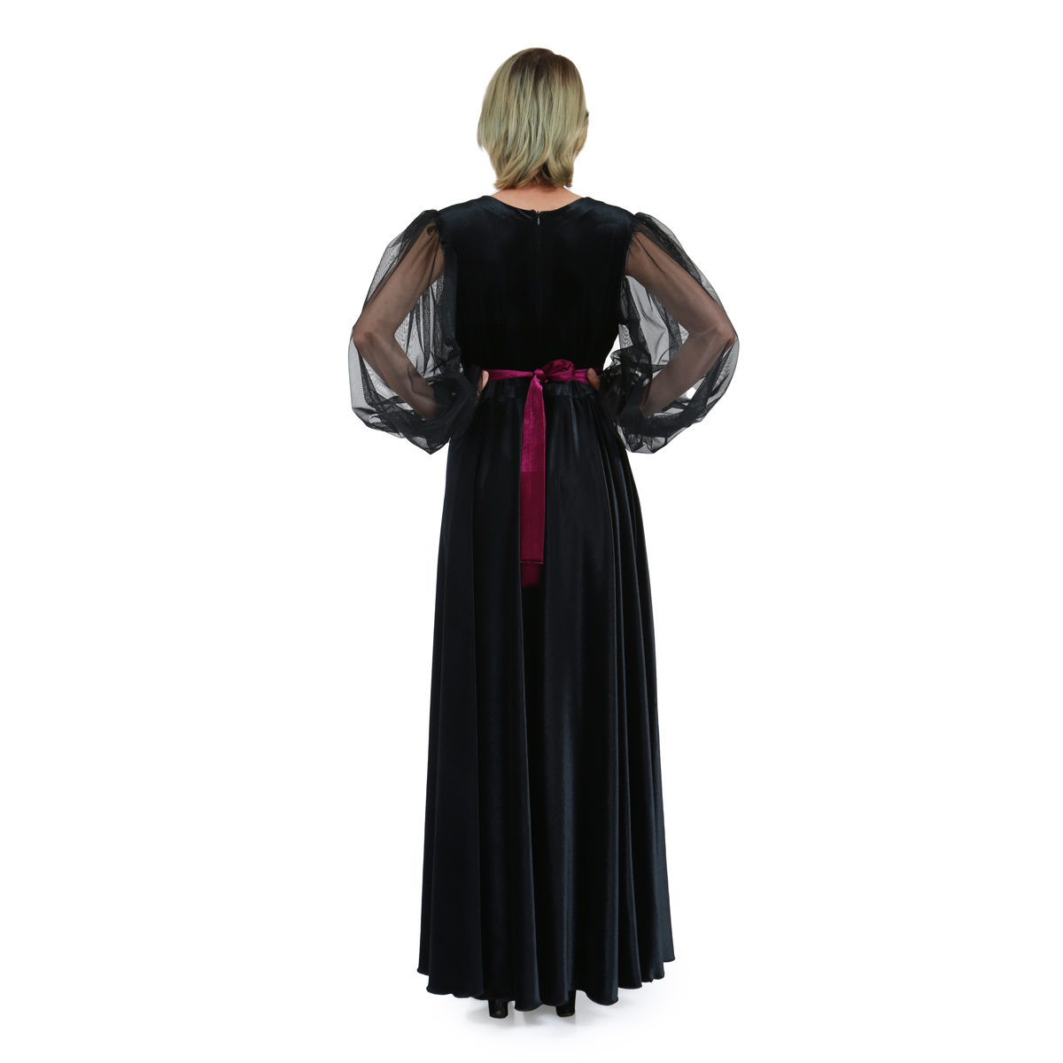 Puffed Jali Sleeves Maxi Dress| Black Velvet Front & Waist Embroidered Dress
