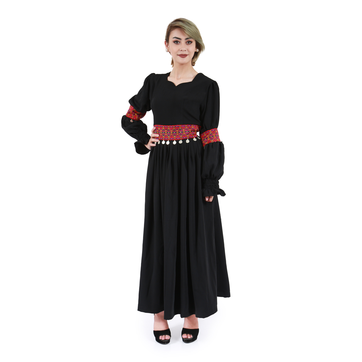 Black Cotton Virago Sleeves Maxi| Waist and Sleeves Embroidered Afghan Dress