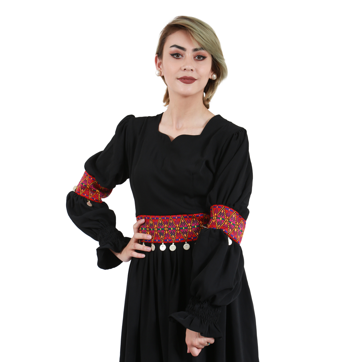 Black Cotton Virago Sleeves Maxi| Waist and Sleeves Embroidered Afghan Dress