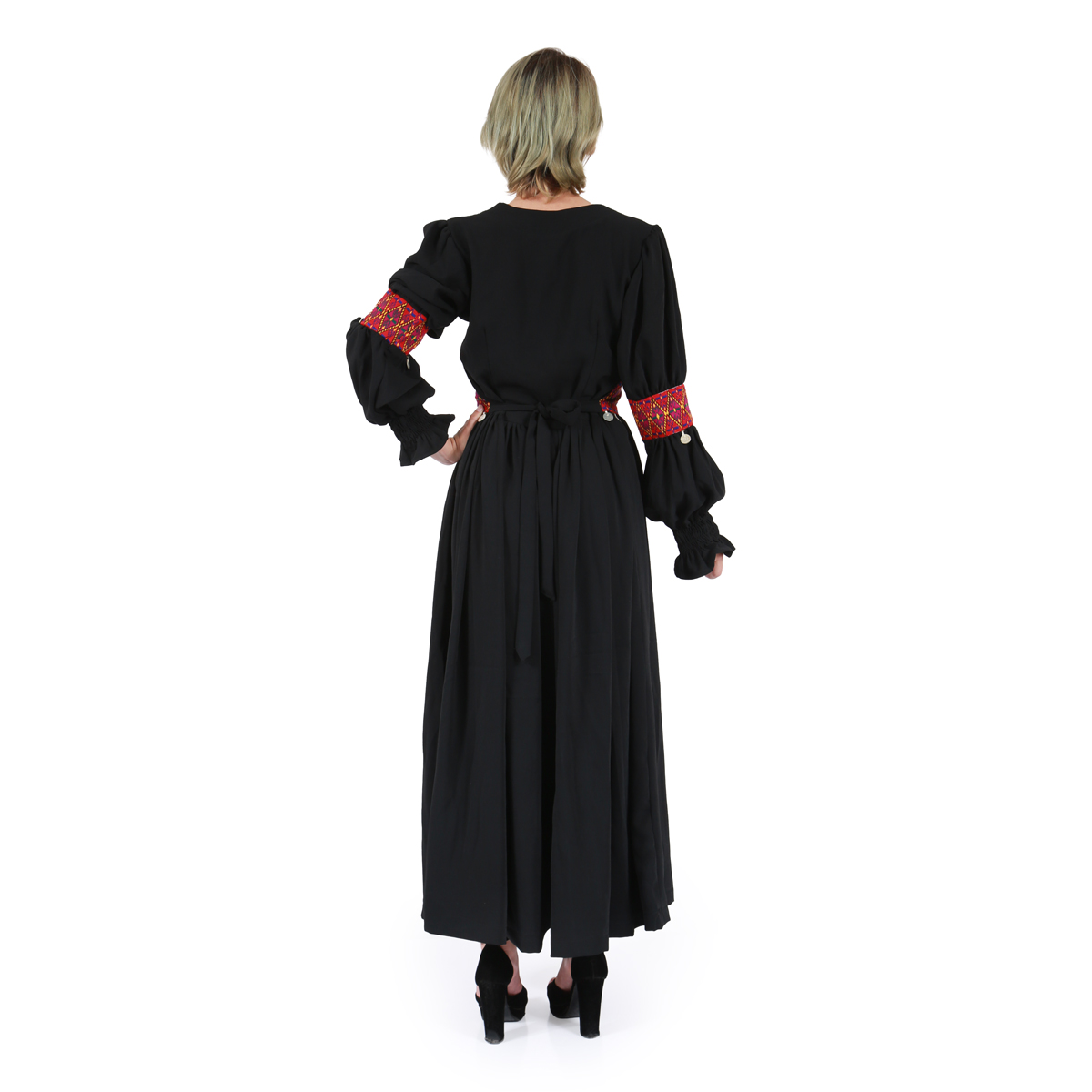 Black Cotton Virago Sleeves Maxi| Waist and Sleeves Embroidered Afghan Dress