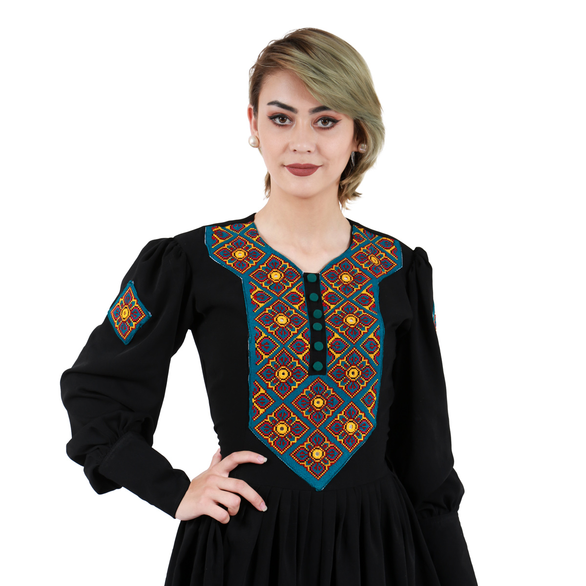 Black Crepe Party Wear Maxi| Front & Shoulders Mirror Embroidered Dress