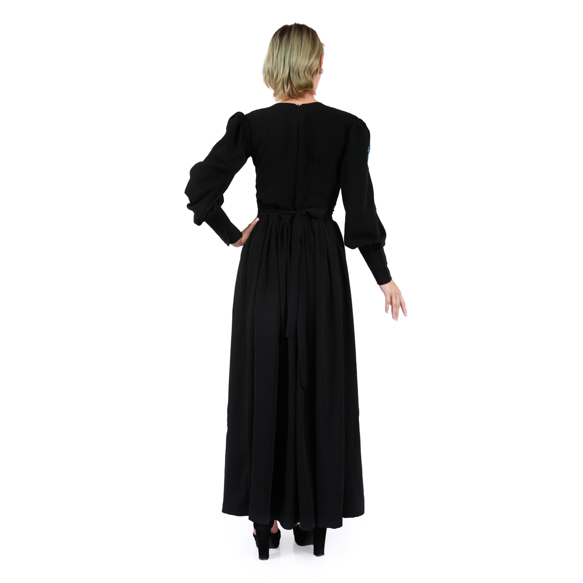 Black Crepe Party Wear Maxi| Front & Shoulders Mirror Embroidered Dress