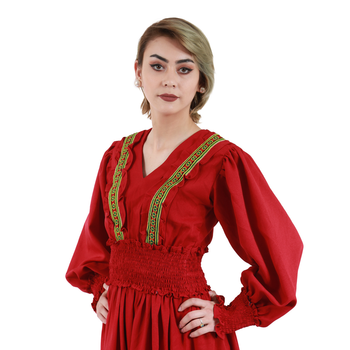 Red Cotton Puffed Sleeves Frock| Front Embroidered Party Wear