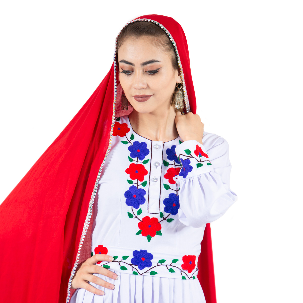 White and Red Hazaragi Shall Set|  Hand Embroidered Cotton Traditional Set