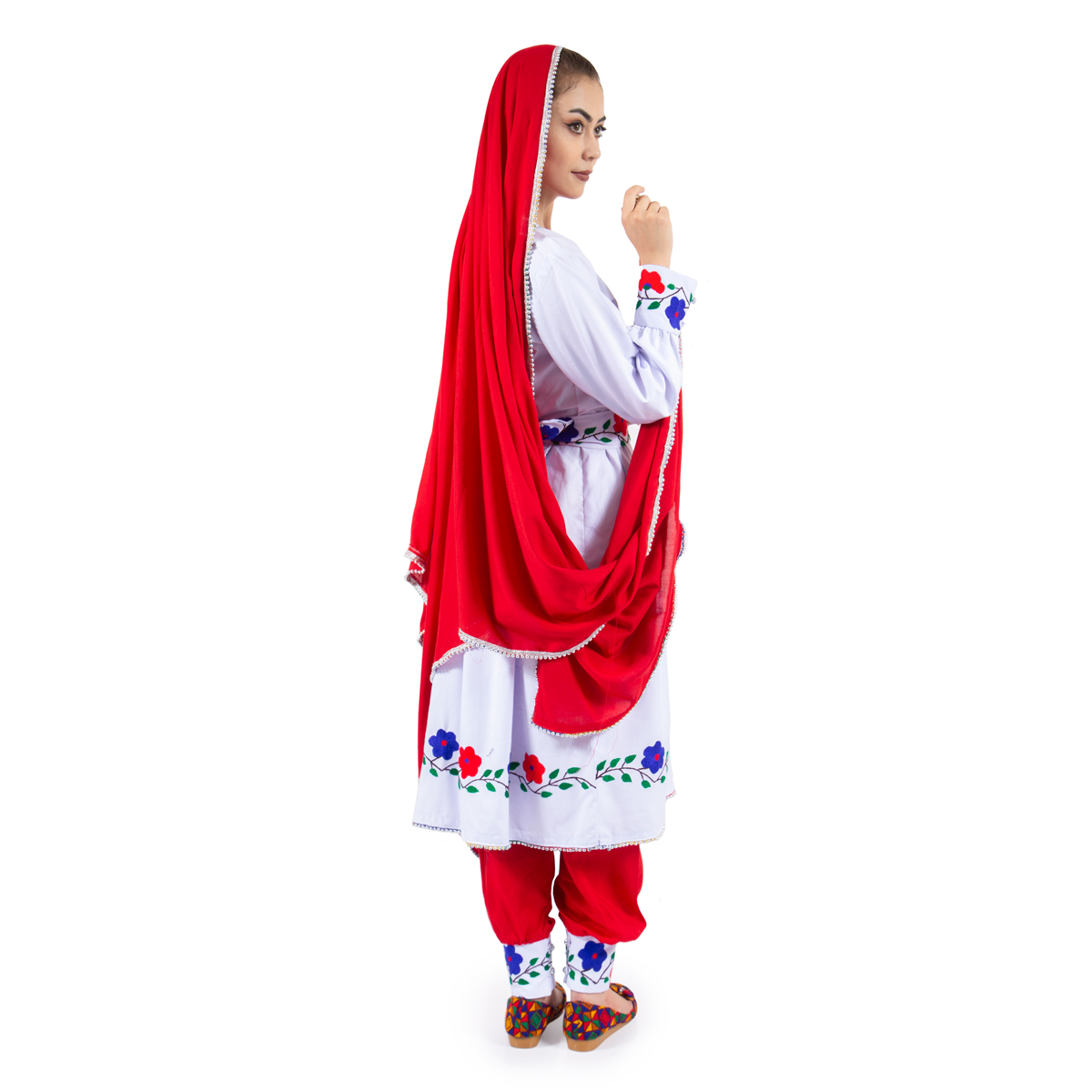 White and Red Hazaragi Shall Set|  Hand Embroidered Cotton Traditional Set