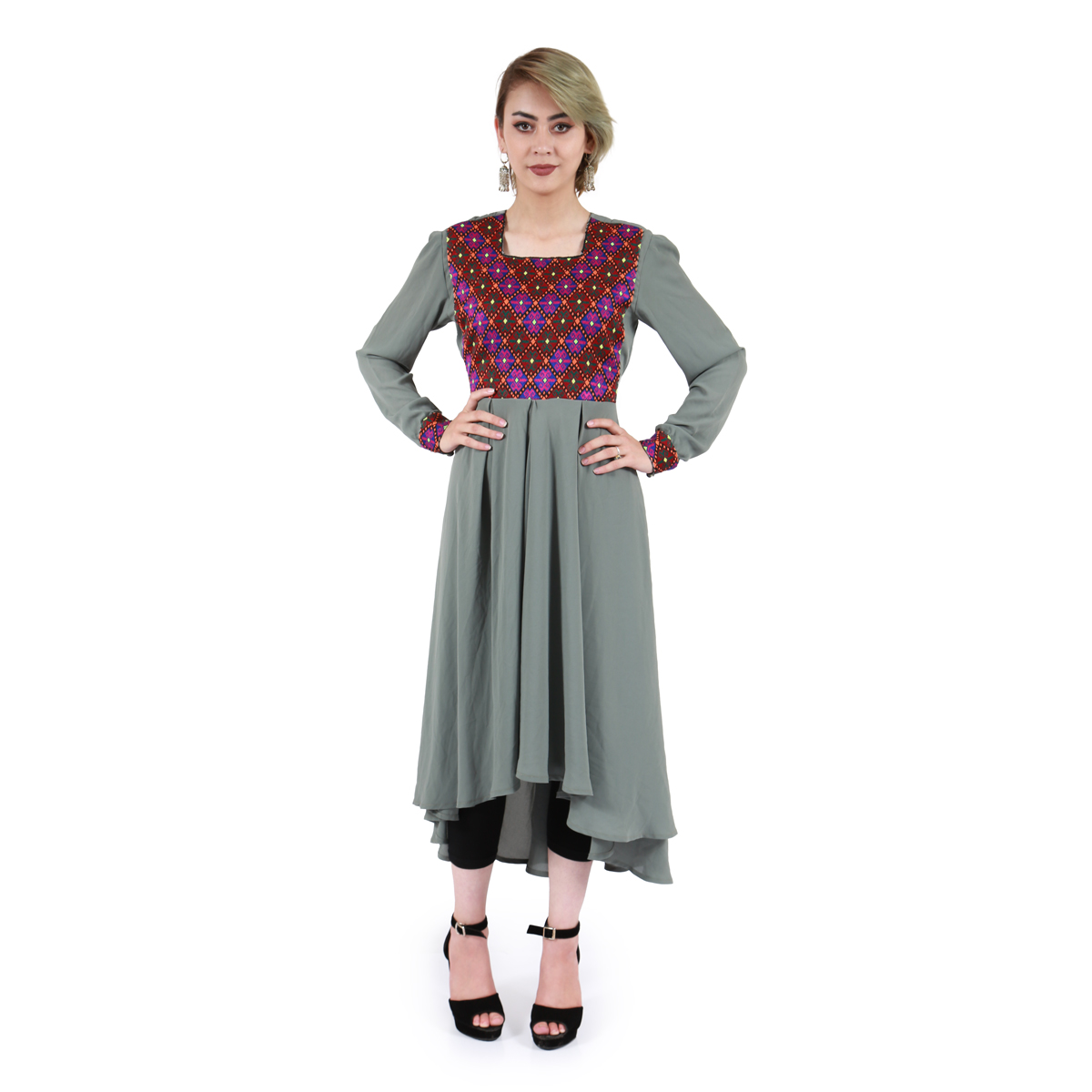 Light Green Crepe Mullet Dress| Front and Sleeves Embroidered Pleated Party Wear