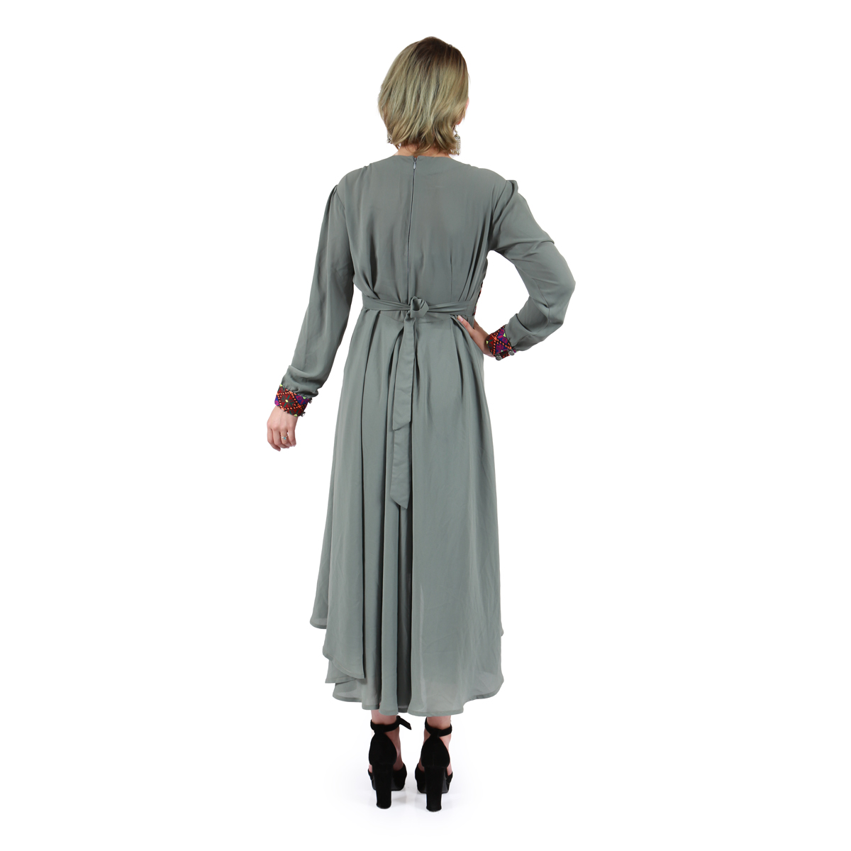 Light Green Crepe Mullet Dress| Front and Sleeves Embroidered Pleated Party Wear