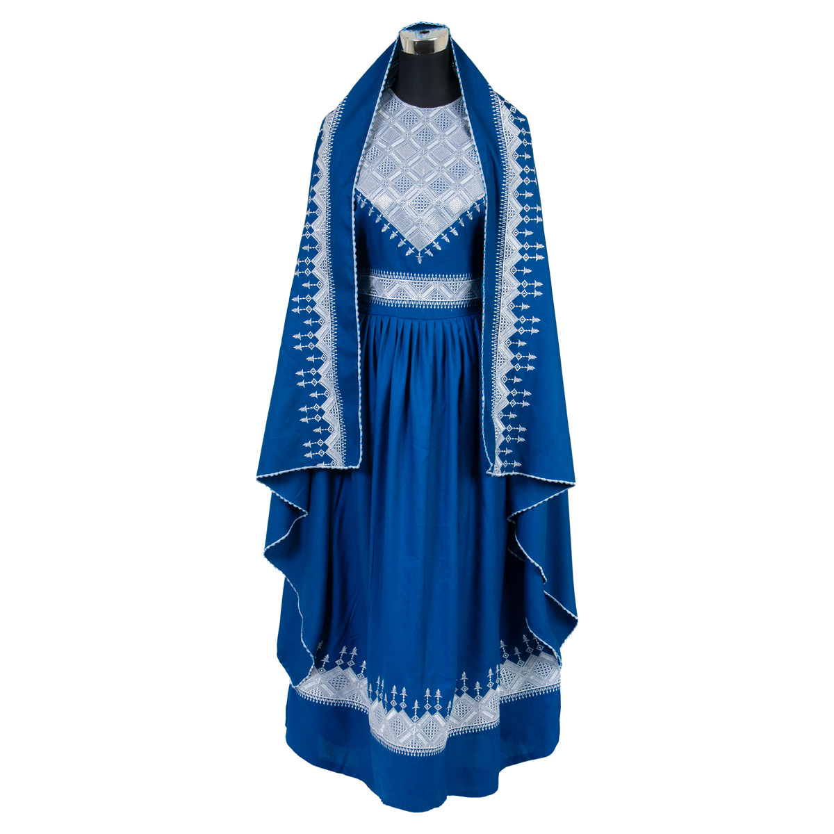 Hazaragi Long Dress with White Embroidery | Blue Pleated Afghan Dress with Shari Dupatta