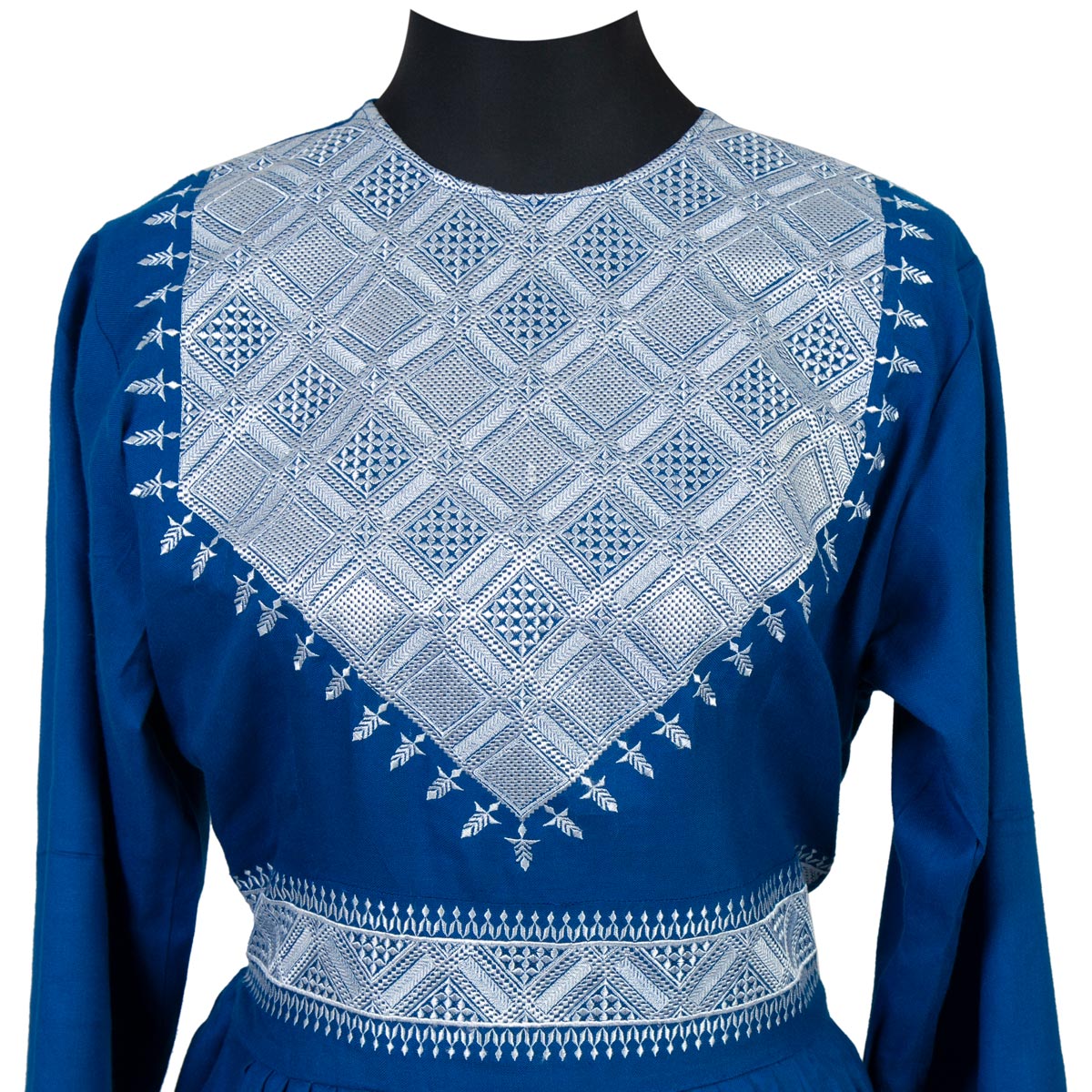 Hazaragi Long Dress with White Embroidery | Blue Pleated Afghan Dress with Shari Dupatta