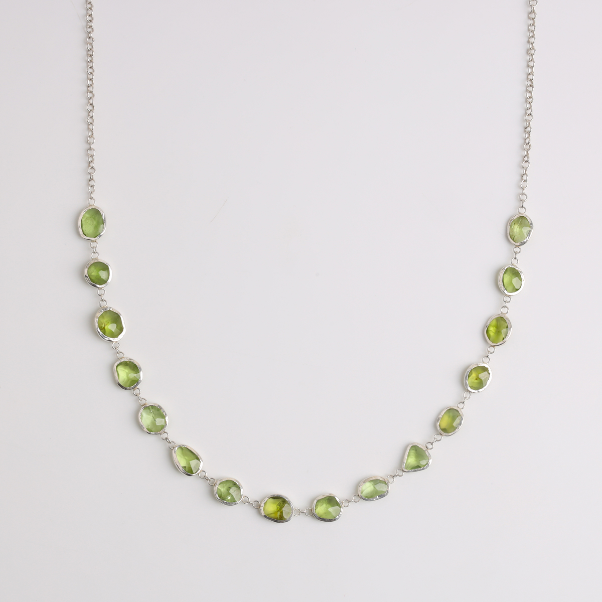Silver Necklace with Natural Peridot Stones