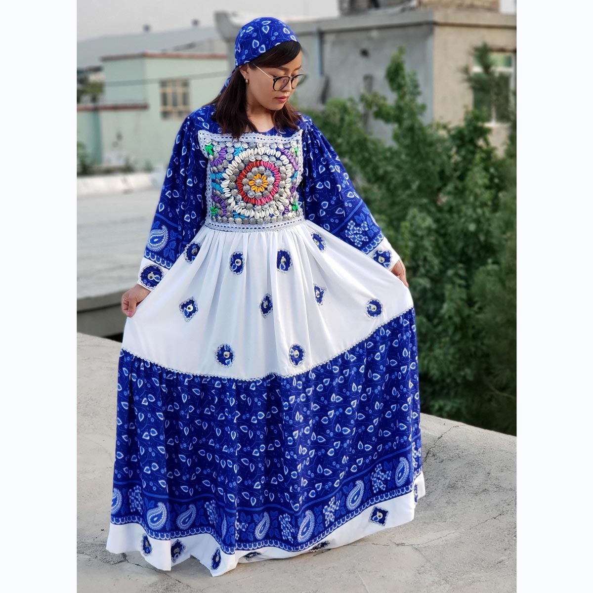 Blue Hazaragi Embroidered Party Wear Long Dress | Gol Negar Pleated Skirt Long Frock 