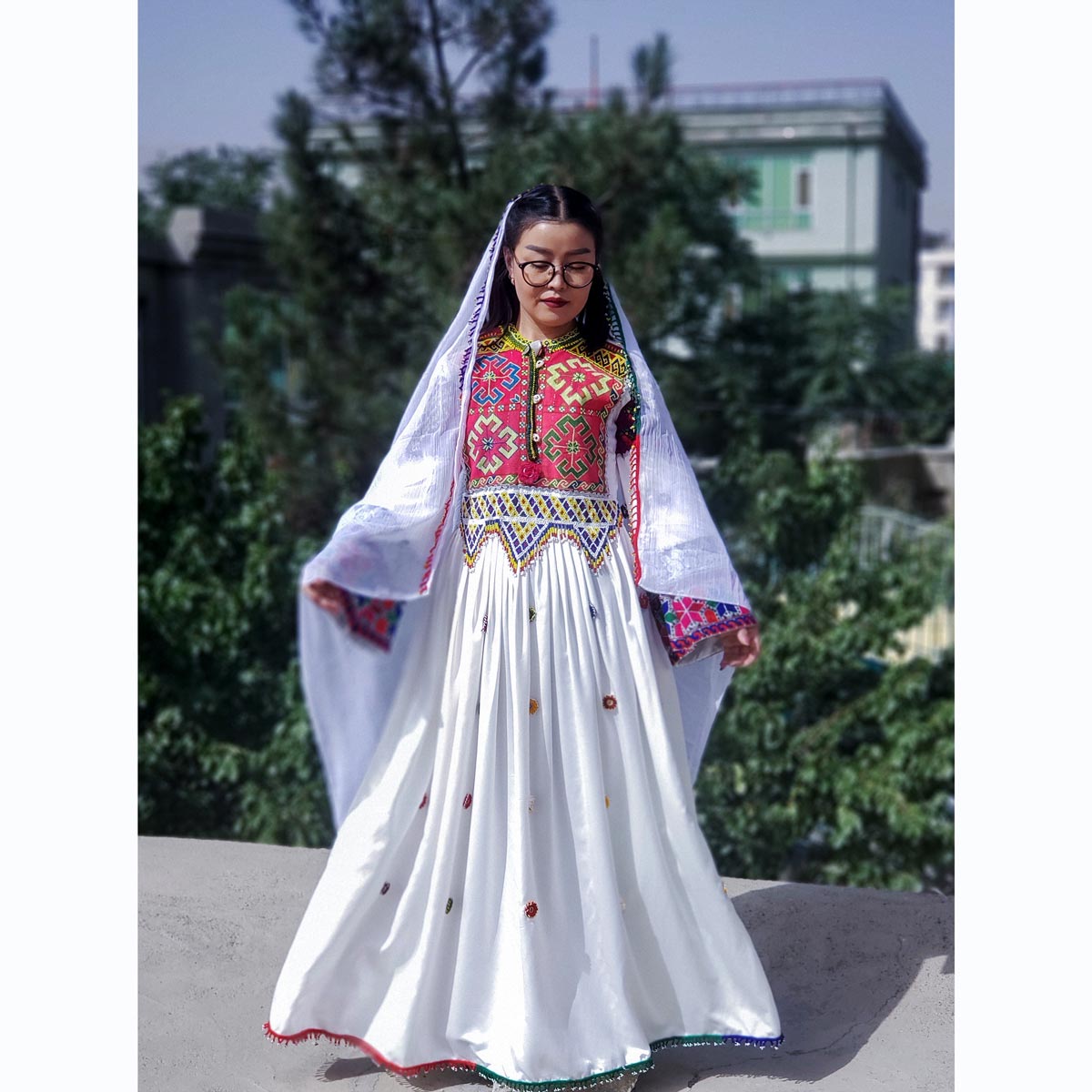 White Hazaragi Cross-Stitch Embroidered Long Dress | Silk Balloon Sleeves Party Wear Long Frock 