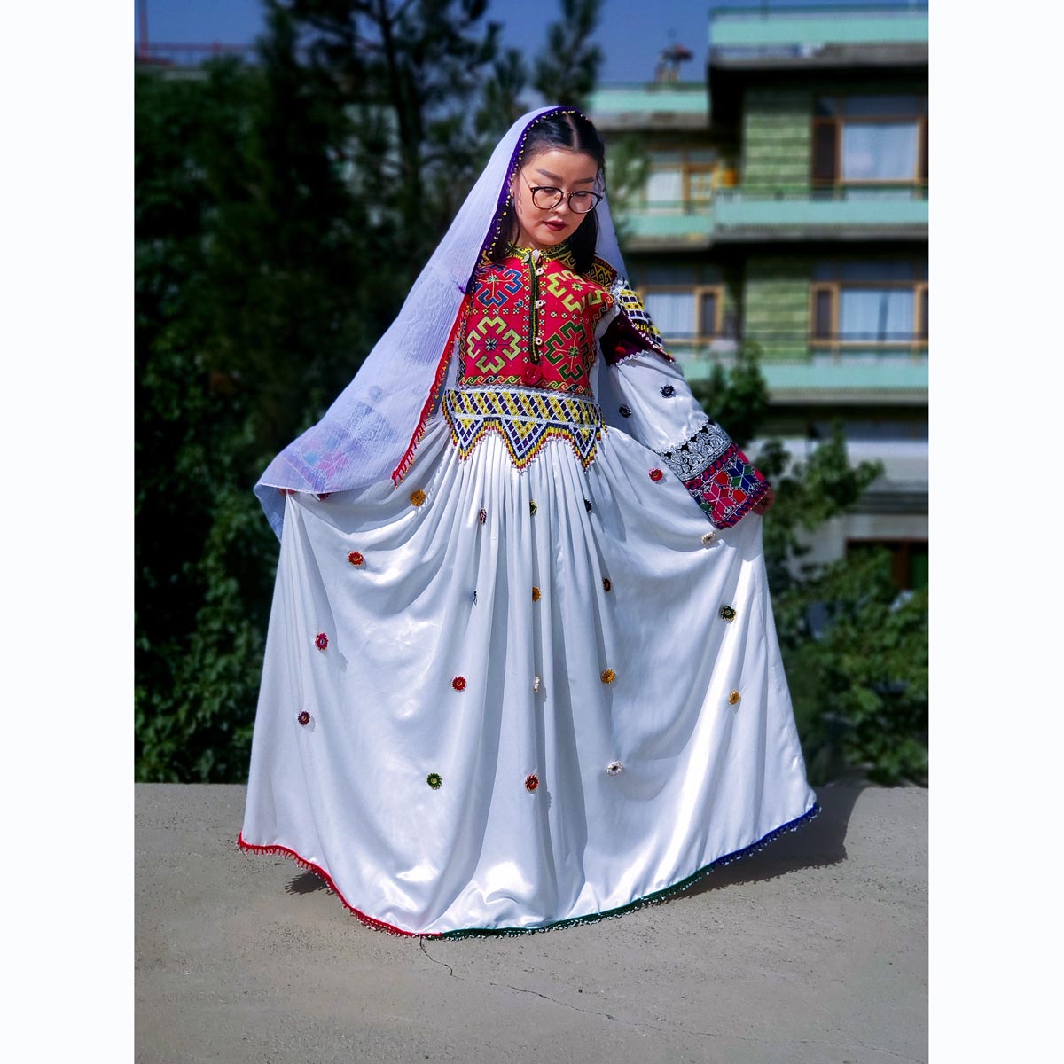 White Hazaragi Cross-Stitch Embroidered Long Dress | Silk Balloon Sleeves Party Wear Long Frock 