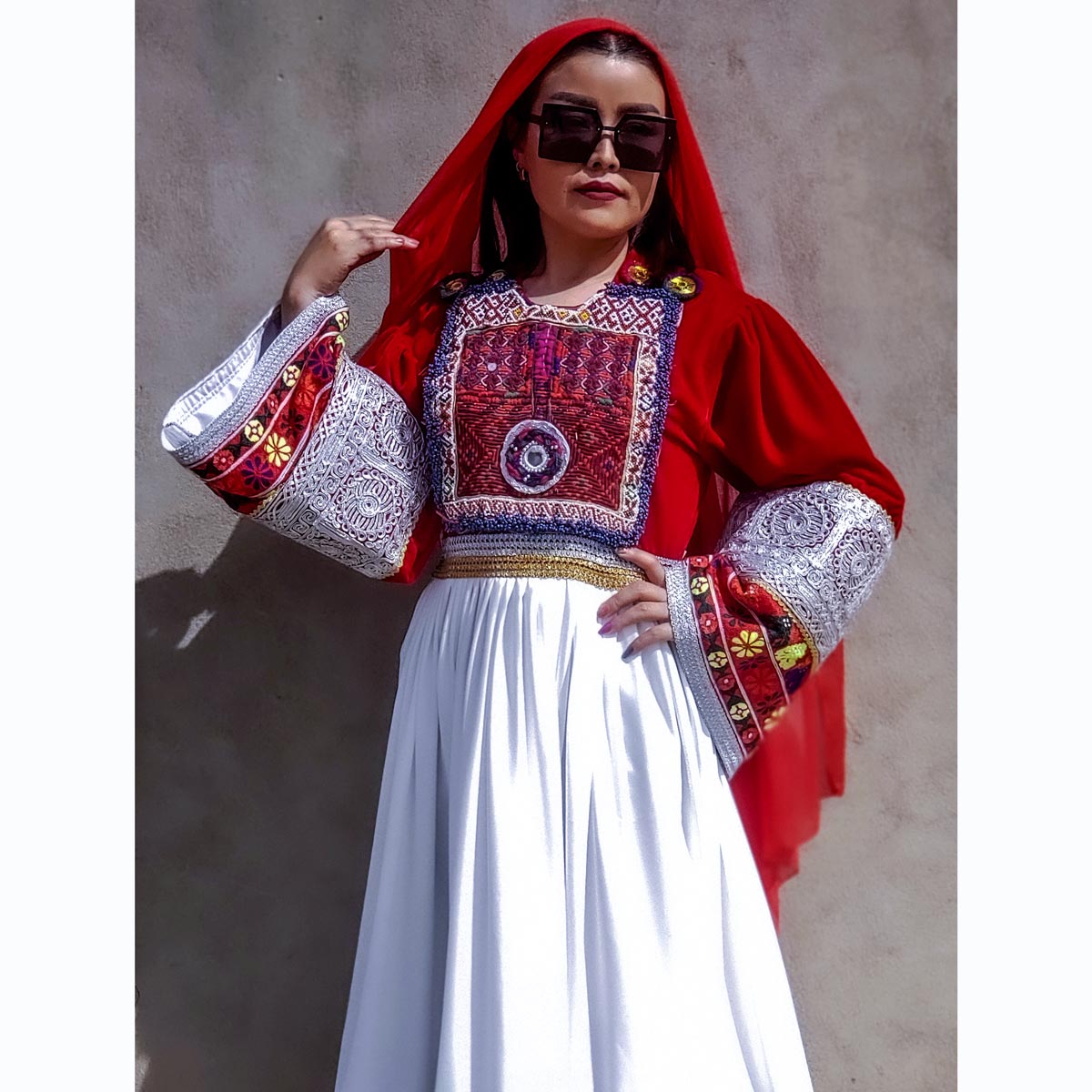 White Kochi Embroidered Dress | Abreshimi Silk Balloon Sleeves Party Wear Dress