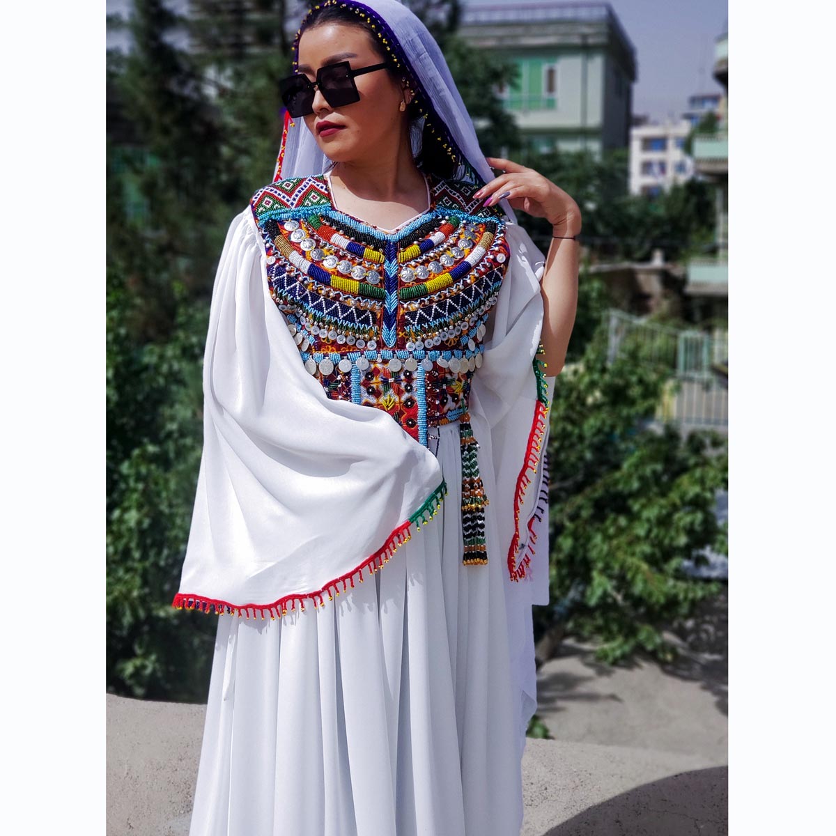 White Sunray Pleated Skirt Party Wear Long Dress | Crepe Trumpet Sleeves Embroidered Frock 
