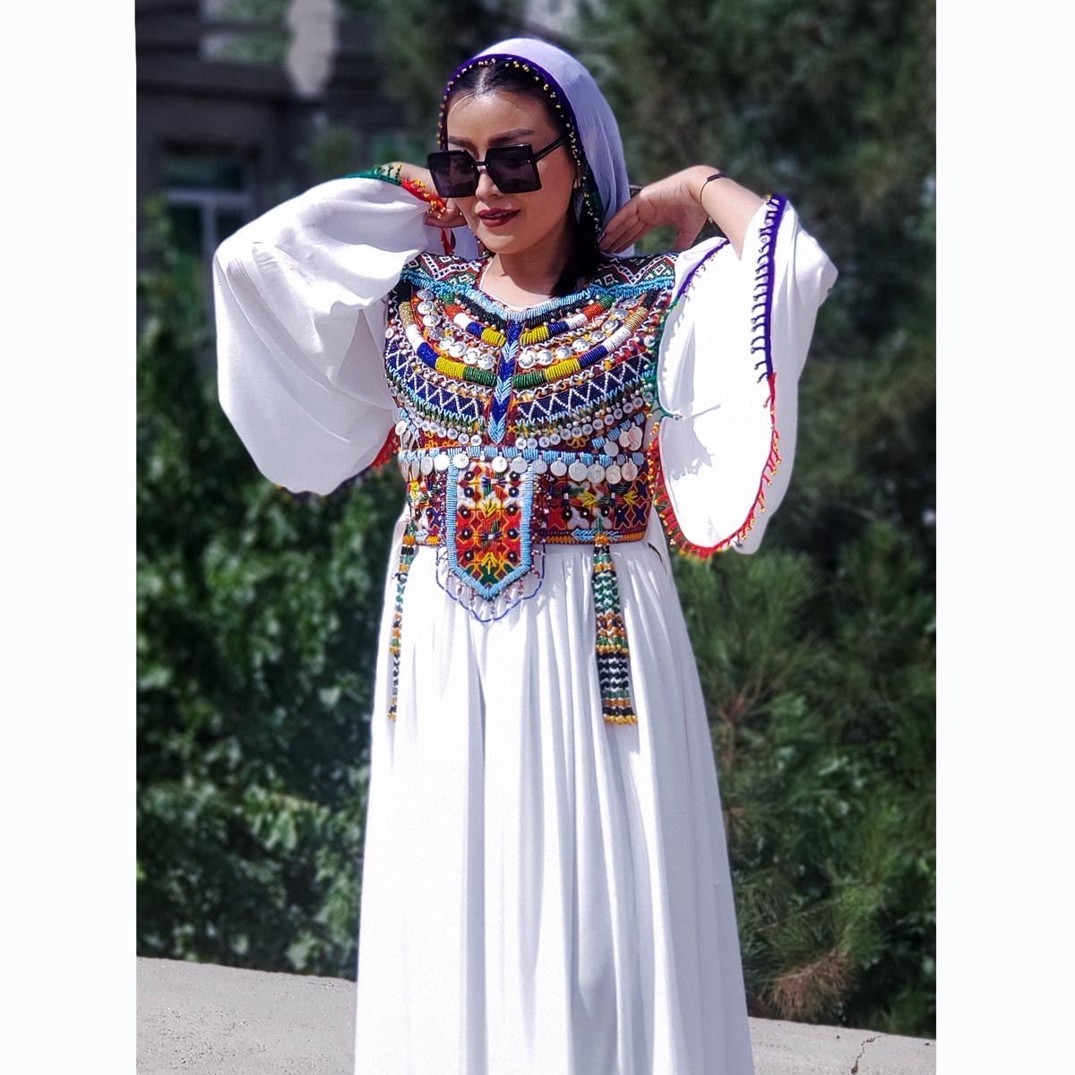 White Sunray Pleated Skirt Party Wear Long Dress | Crepe Trumpet Sleeves Embroidered Frock 