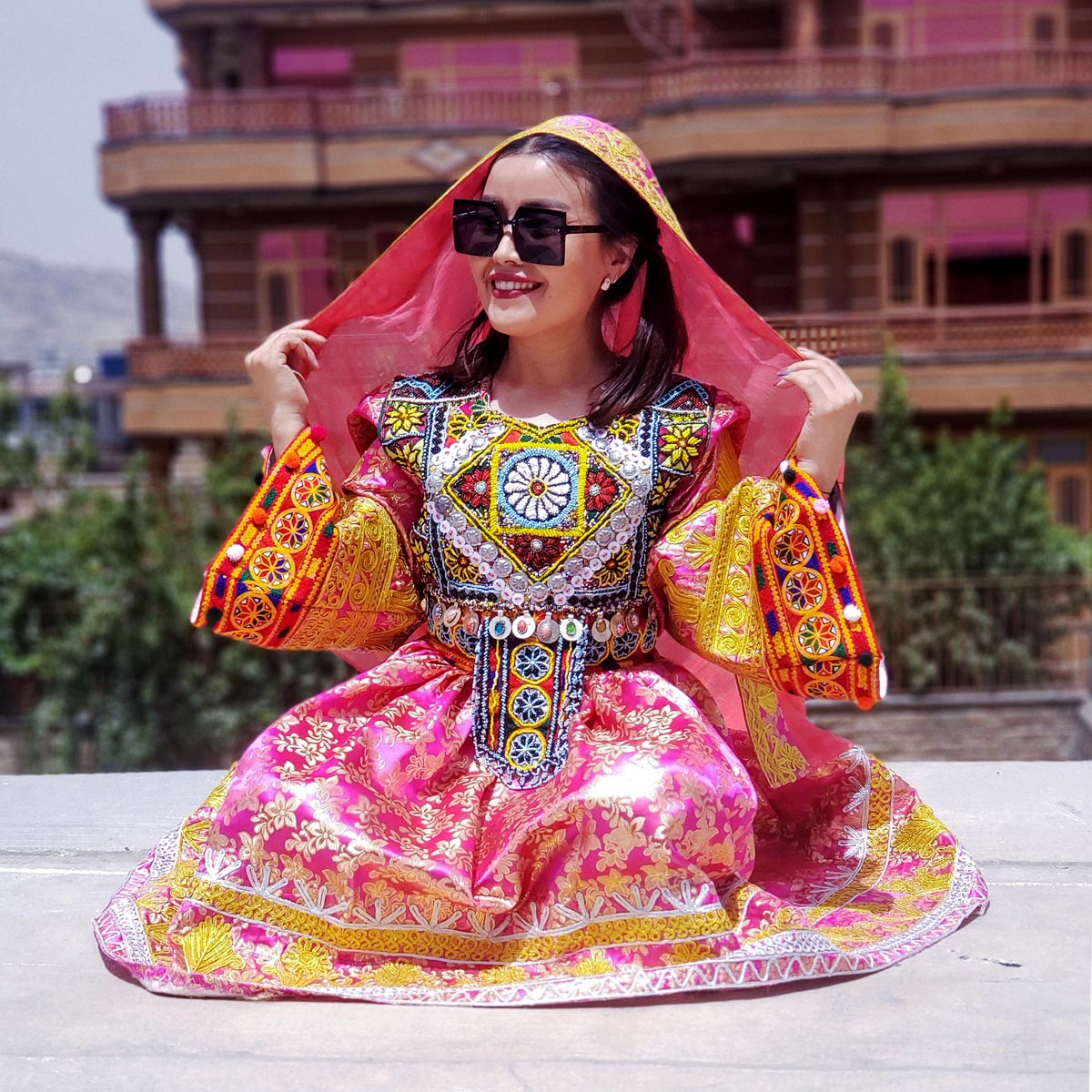 Pink Full Cherma & Bead Embroidered Bridal Wear Gande Afghani | Georgette Floral Print Party Wear Dress