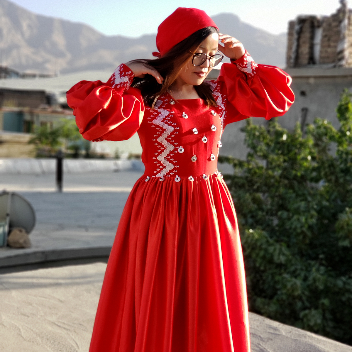 Red Khamak Embroidered Long Hazargi Dress | Cotton Silk Puffed Sleeves Fancy Frock