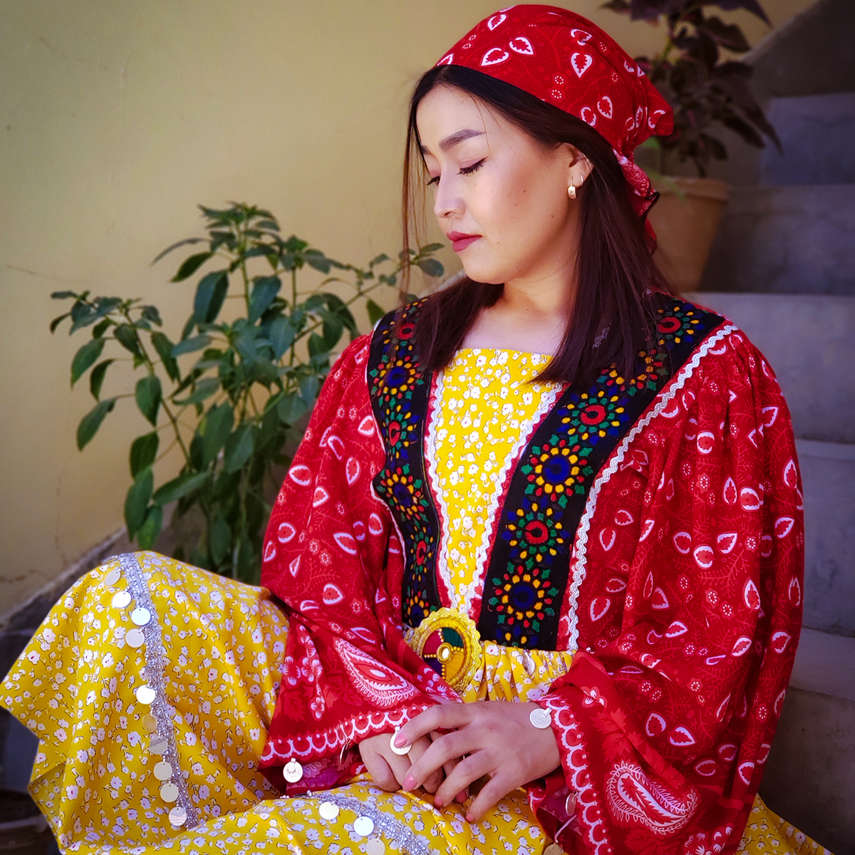 Yellow Golnegar Hazaragi Dress Cotton Balloon Sleeves Pleated Frock