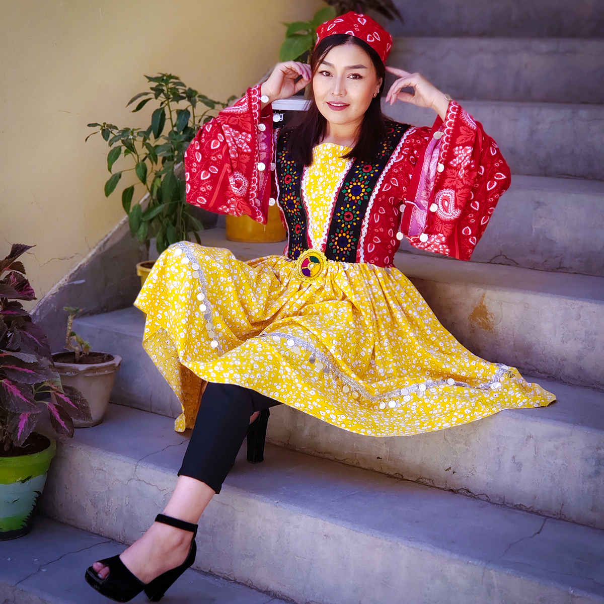 Yellow Golnegar Hazaragi Dress Cotton Balloon Sleeves Pleated Frock
