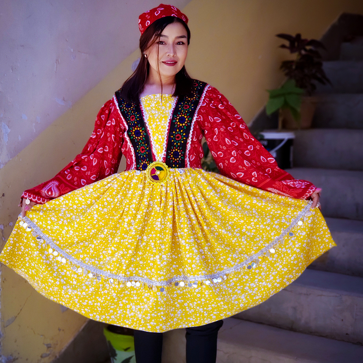 Yellow Golnegar Hazaragi Dress Cotton Balloon Sleeves Pleated Frock