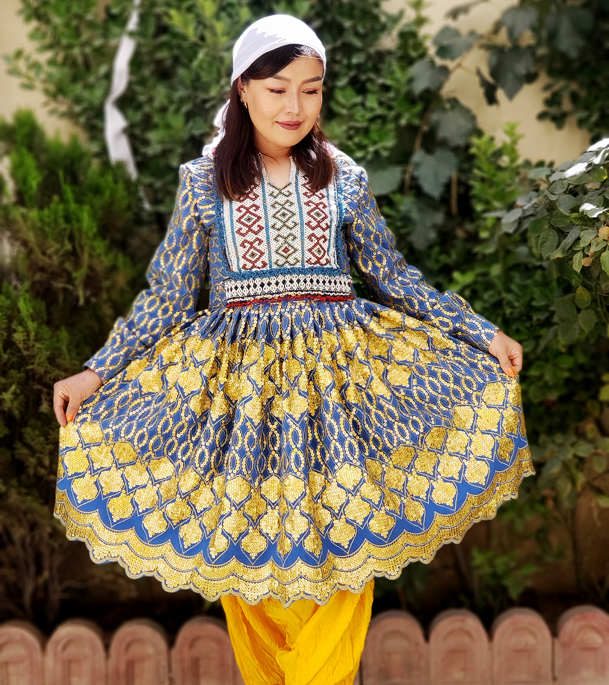 Light Blue Bridal Hazaragi Attire | Zari-Khaal Pleated Skirt Frock