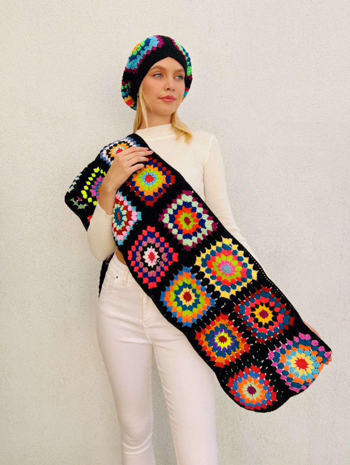 Knit Scarf and Hat (2 pcs), Winter Hat, Christmas gift, Black Hat, Granny Square Hat Set