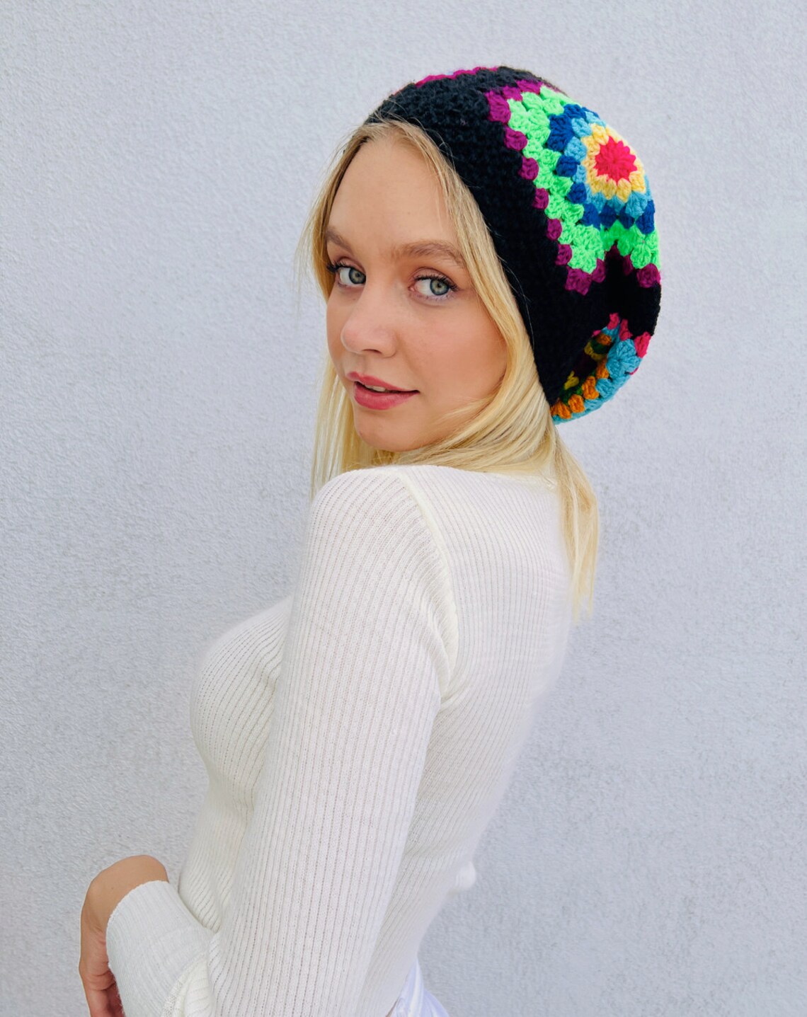 Knit Scarf and Hat (2 pcs), Winter Hat, Christmas gift, Black Hat, Granny Square Hat Set