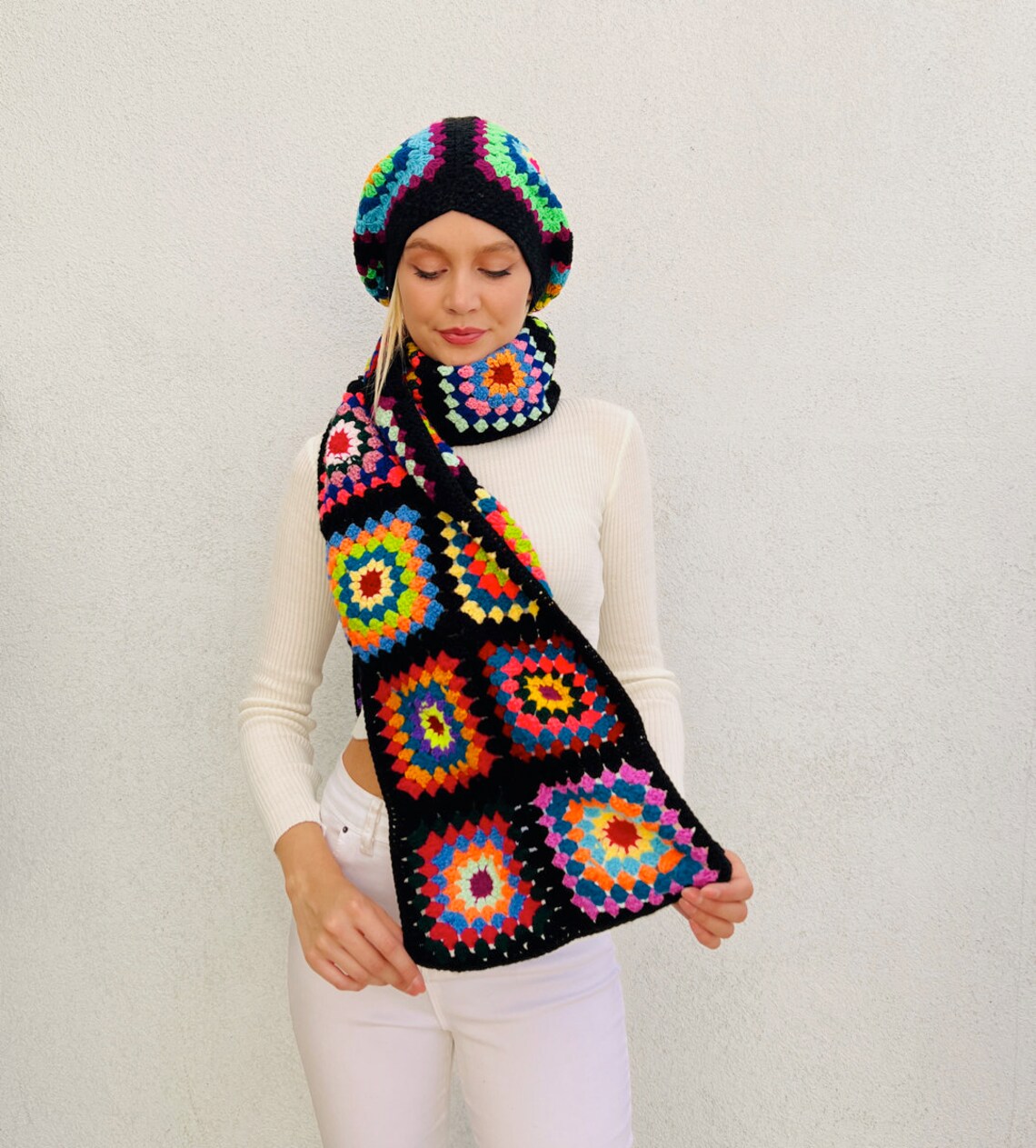 Knit Scarf and Hat (2 pcs), Winter Hat, Christmas gift, Black Hat, Granny Square Hat Set