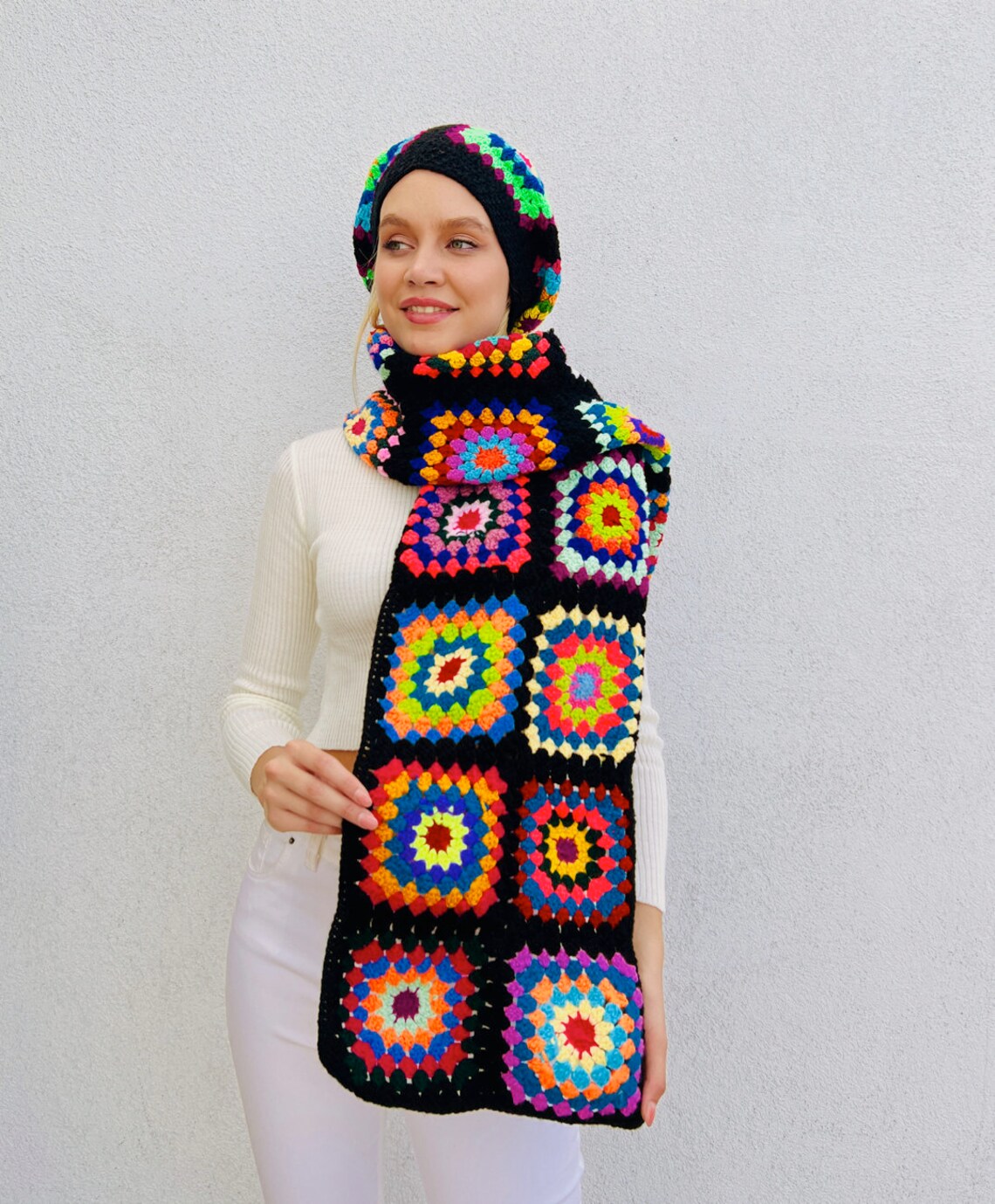 Knit Scarf and Hat (2 pcs), Winter Hat, Christmas gift, Black Hat, Granny Square Hat Set