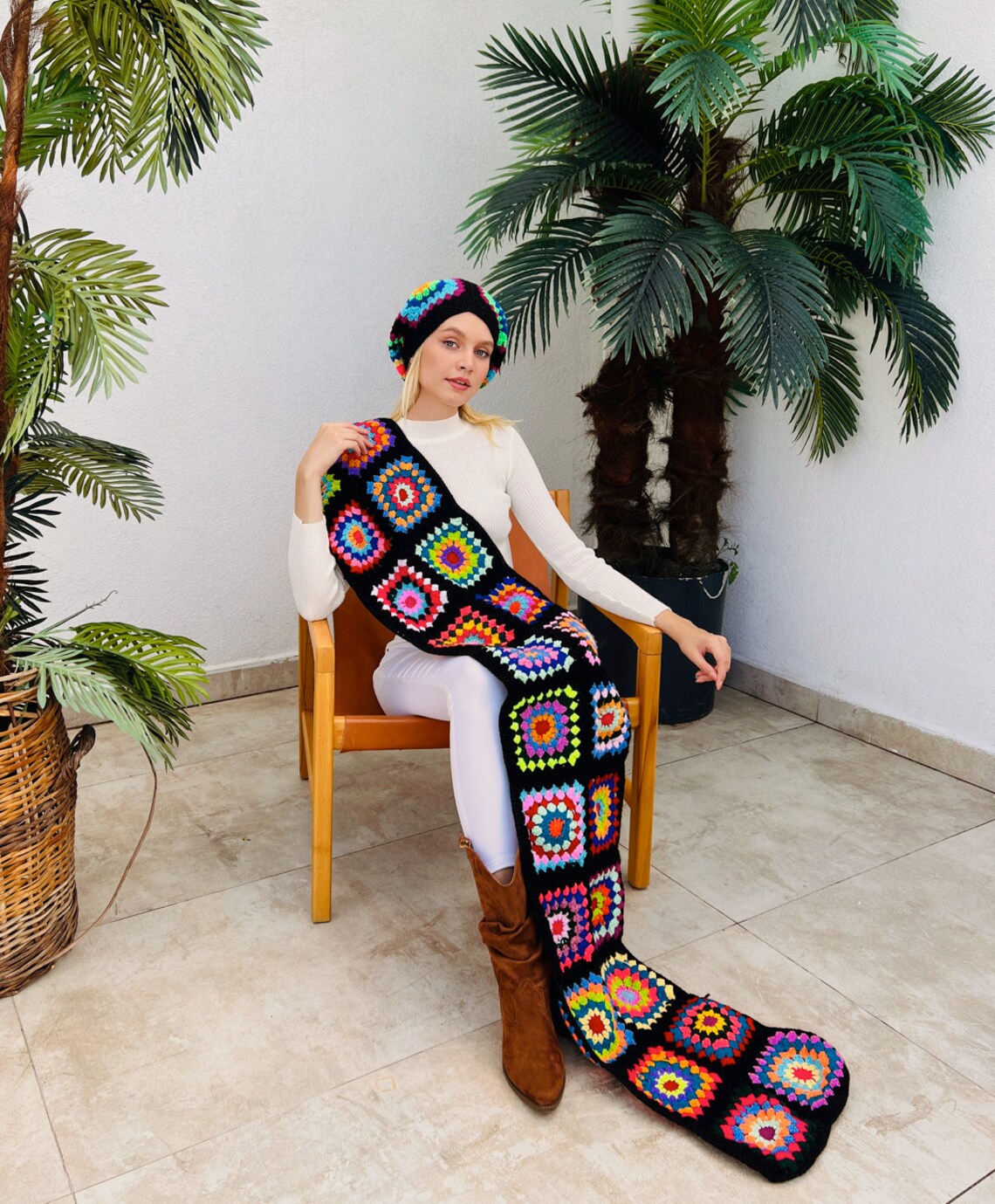 Knit Scarf and Hat (2 pcs), Winter Hat, Christmas gift, Black Hat, Granny Square Hat Set