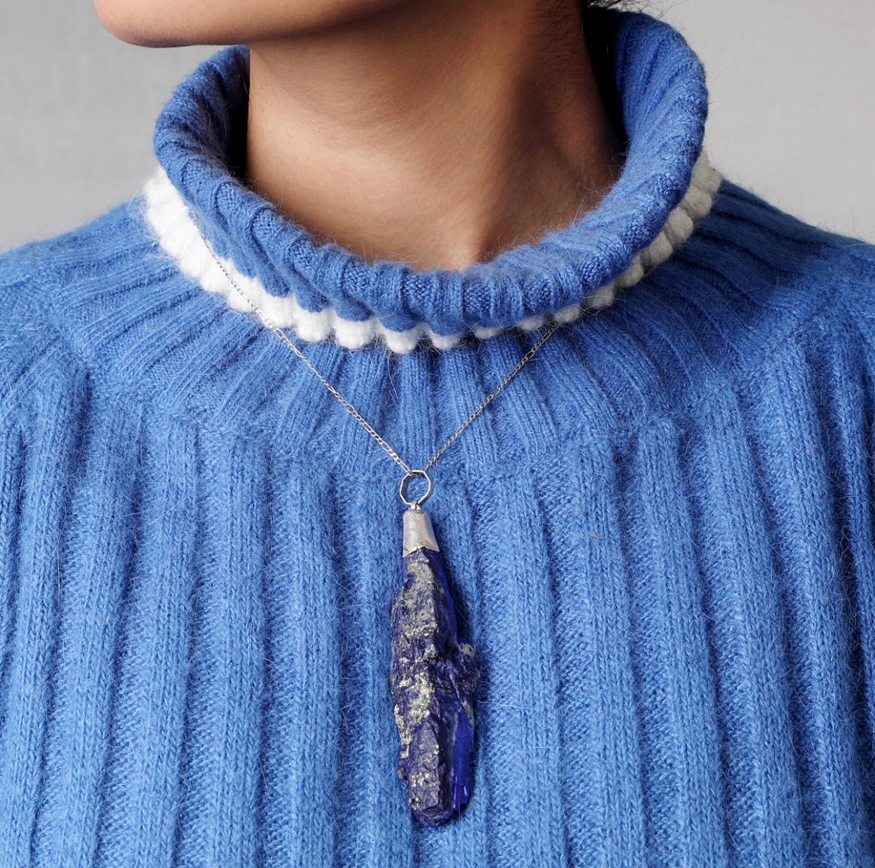 Lapis Lazuli Sautoir Pendant | Silver Drop Chain Locket 