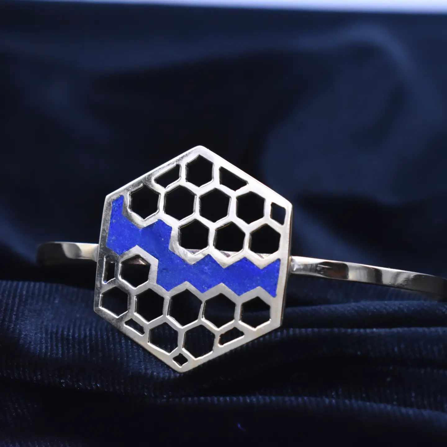 Lapis Lazuli Hexagonal Cuff Bracelet | Silver Open Bangle Bracelet