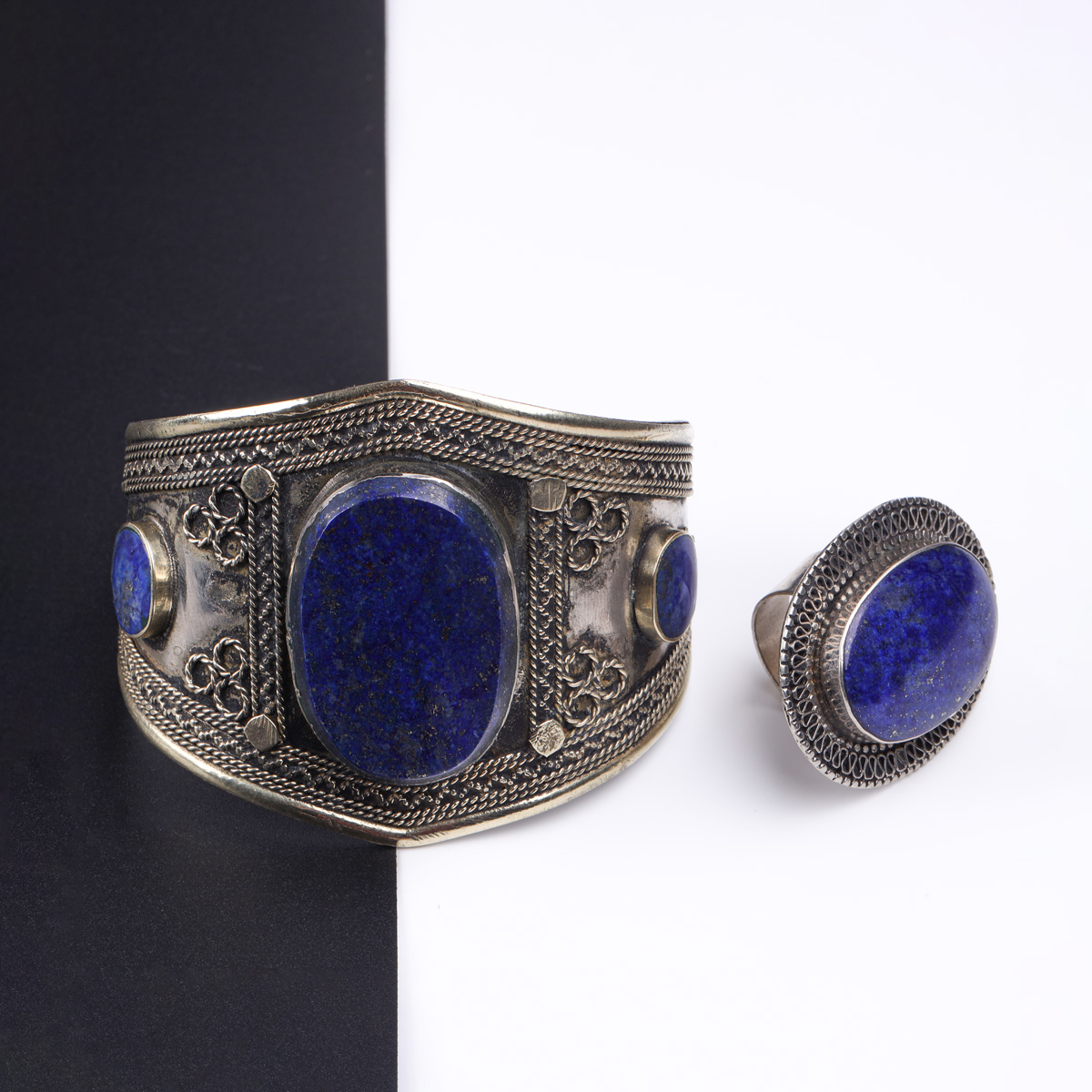 Lapis Lazuli Ancient Style Bracelet & Ring | Bronze Handcrafted Cuff Bracelet & Round Ring